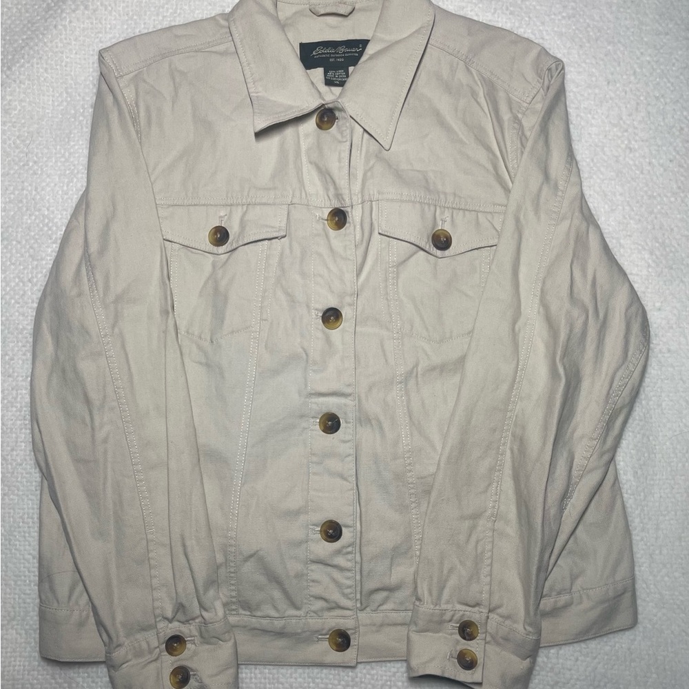 Eddie Bauer Women’s Cream Canvas Jacket light weight Button Down size XL